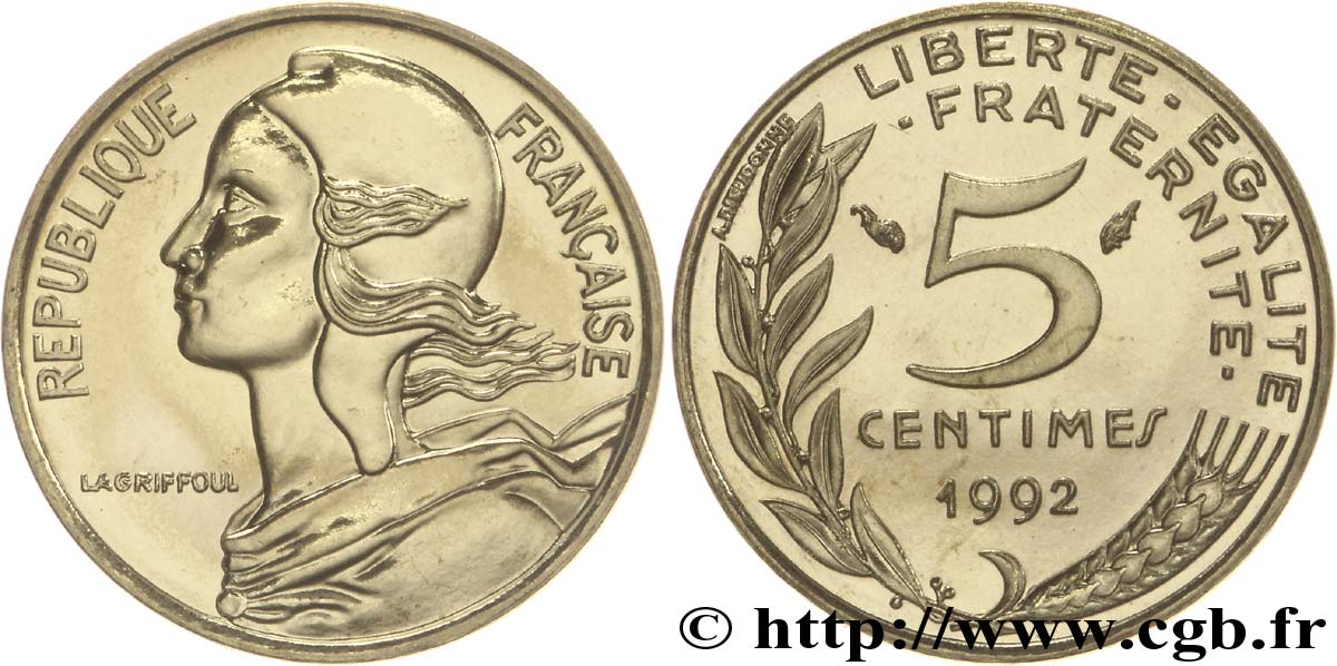 5 centimes Marianne, BU (Brillant Universel), frappe médaille 1992 Pessac F.125/31 MS68 