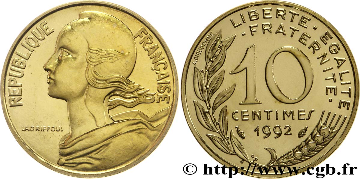 10 centimes Marianne, BU (Brillant Universel), frappe médaille 1992 Pessac F.144/34 MS68 