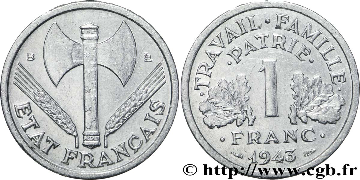 1 franc Francisque, légère 1943 Beaumont-Le-Roger F.223/4 TTB50 