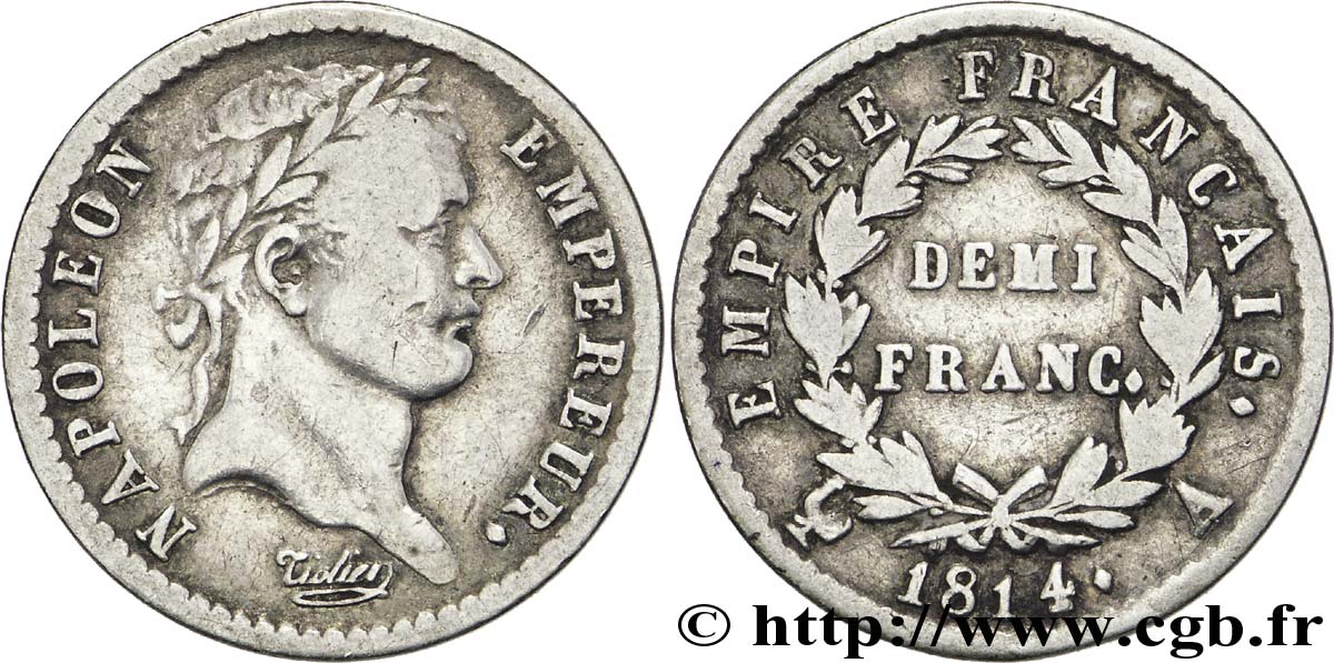 Demi-franc Napoléon Ier tête laurée, Empire français 1814 Paris F.178/64 TB30 