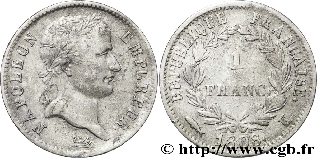 1 franc Napoléon Ier tête laurée, République française 1808 Bordeaux F.204/8 TB35 