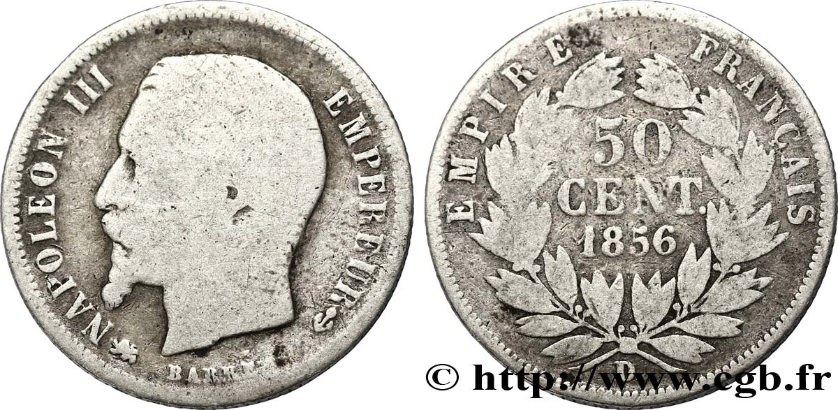 50 centimes Napoléon III, tête nue 1856 Lyon F.187/7 B10 