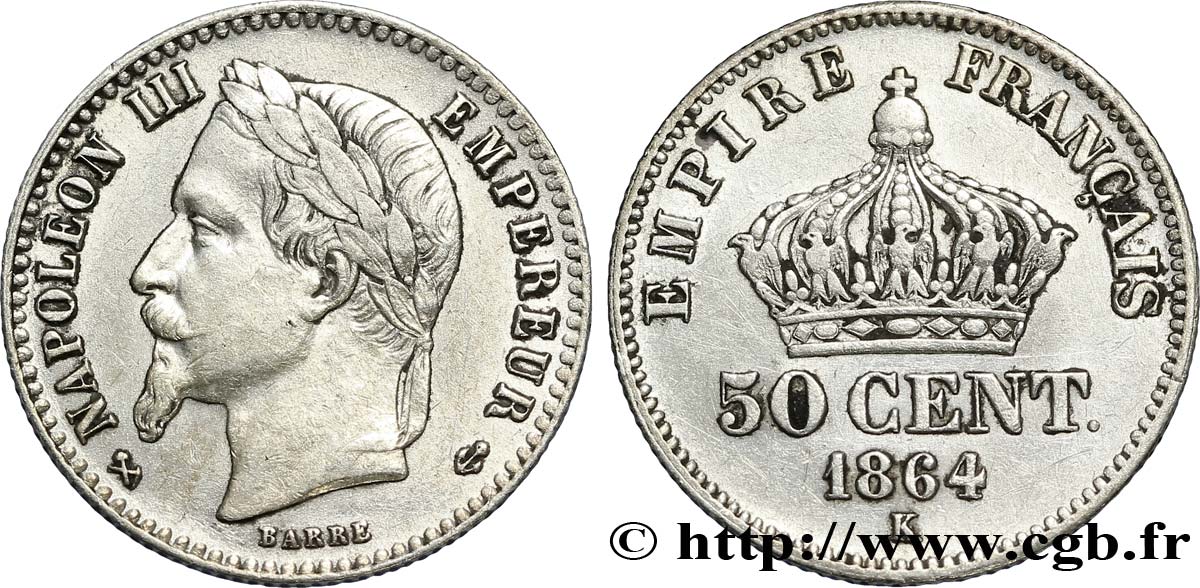 50 centimes Napoléon III, tête laurée 1864 Bordeaux F.188/4 TTB48 