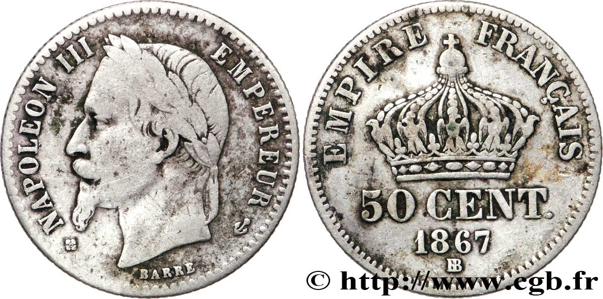 50 centimes Napoléon III, tête laurée 1867 Strasbourg F.188/15 MB35 