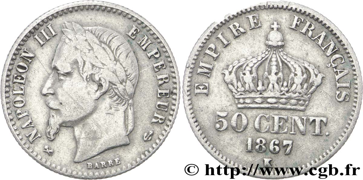 50 centimes Napoléon III, tête laurée 1867 Bordeaux F.188/18 TB30 