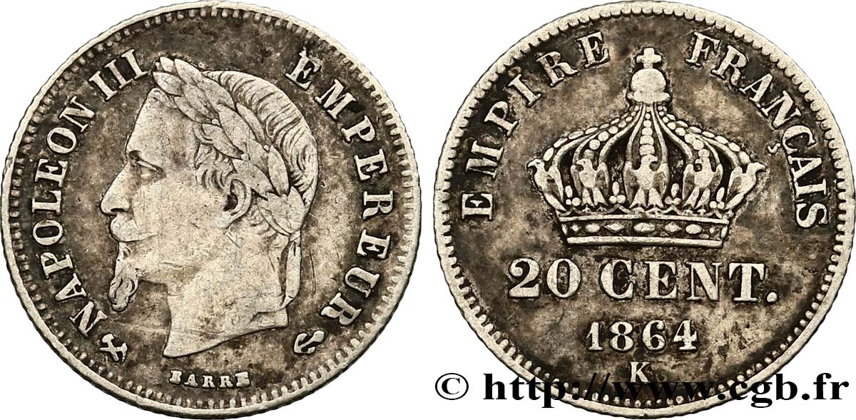 20 centimes Napoléon III, tête laurée, petit module 1864 Bordeaux F.149/3 TTB40 