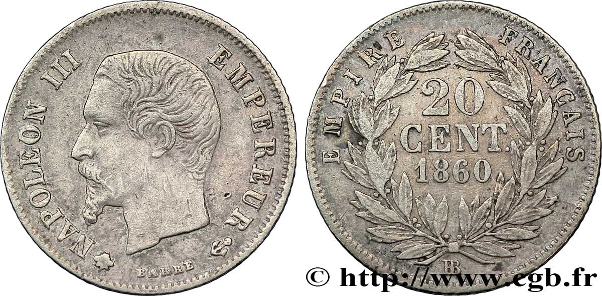 20 centimes Napoléon III, tête nue 1860 Strasbourg F.148/16 TTB45 