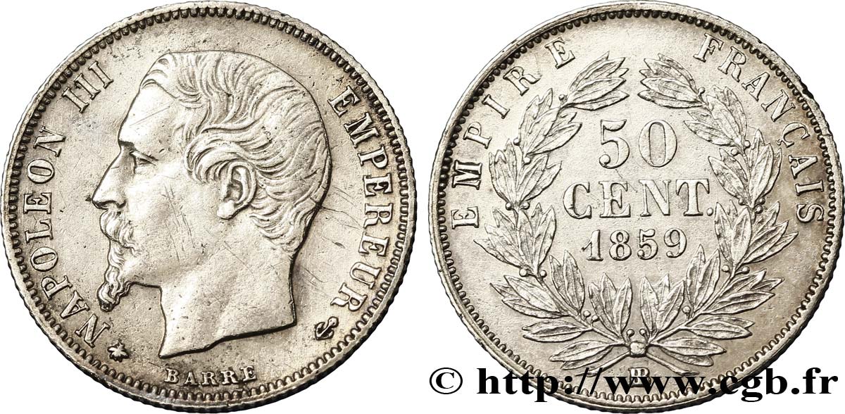 50 centimes Napoléon III, tête nue 1859 Strasbourg F.187/11 SUP58 