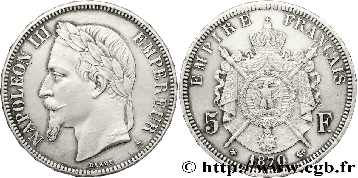 5 francs Napoléon III, tête laurée 1870 Paris F.331/16 VZ 