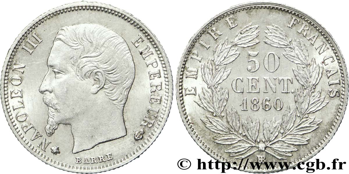 50 centimes Napoléon III, tête nue 1860 Strasbourg F.187/14 MS62 