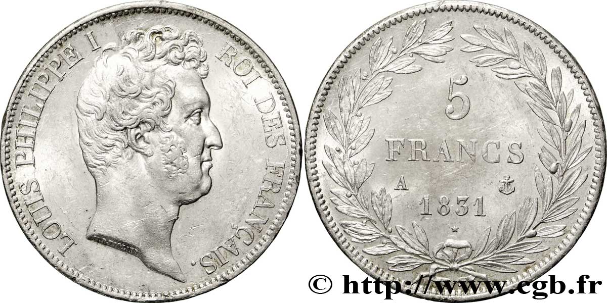 5 francs type Tiolier avec le I, tranche en creux 1831 Paris F.315/14 AU58 