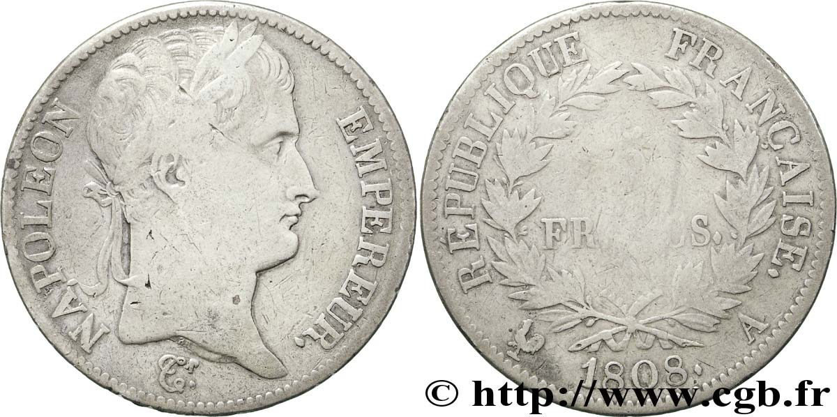 5 francs Napoléon Empereur, République française 1808 Paris F.306/2 RC12 