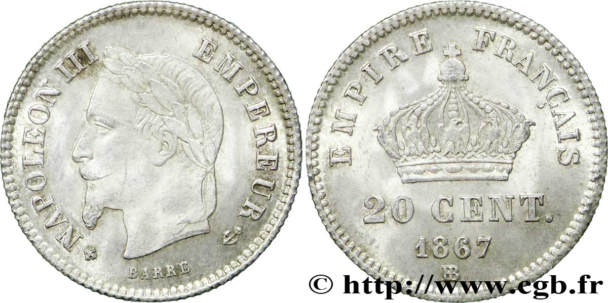 20 centimes Napoléon III, tête laurée, grand module 1867 Strasbourg F.150/2 SPL62 