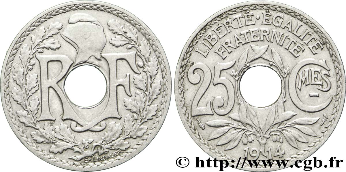 25 centimes Lindauer, Cmes souligné, axe à 1h 1914  F.170/2 TTB50 