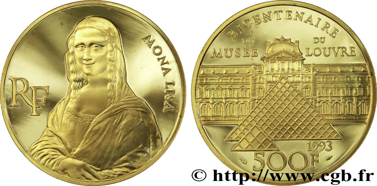 Belle Epreuve Or 500 francs - Mona Lisa 1993  F.1814 1 FDC70 