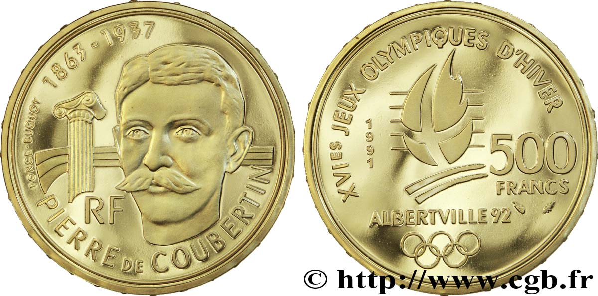 Belle Epreuve Or 500 francs - Pierre de Coubertin  1991 Pessac F.1809 1 FDC70 