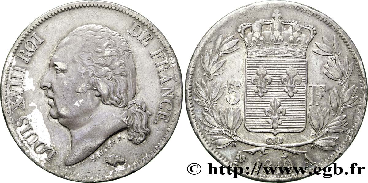 5 francs Louis XVIII, tête nue 1819 Paris F.309/40 MBC52 
