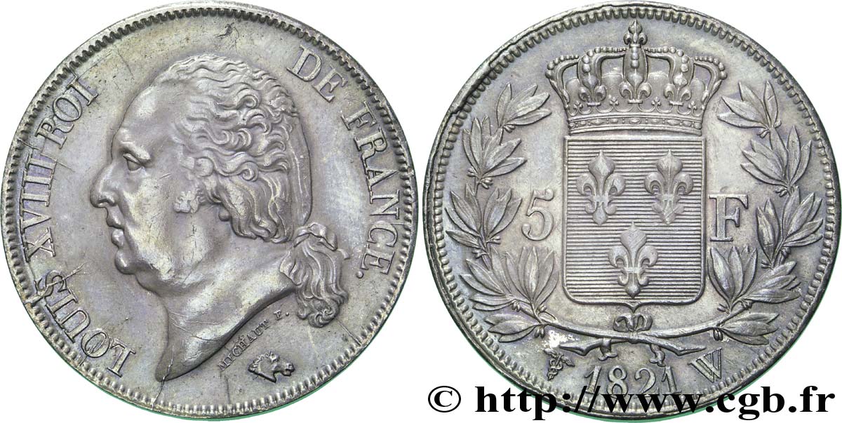5 francs Louis XVIII, tête nue 1821 Lille F.309/67 VZ55 