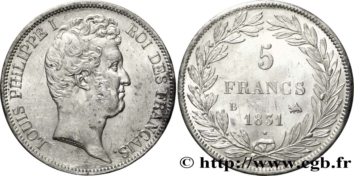 5 francs type Tiolier avec le I, tranche en creux 1831 Rouen F.315/15 AU53 