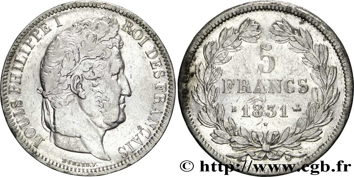 5 francs Ier type Domard, tranche en relief 1831 Rouen F.320/2 XF45 