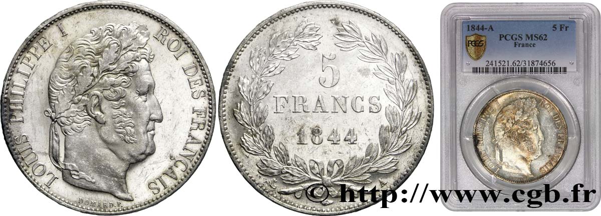 5 francs IIIe type Domard 1844 Paris F.325/1 SUP62 PCGS
