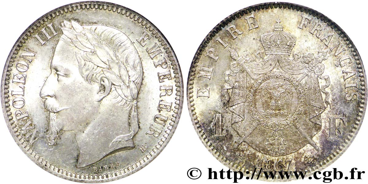 1 franc Napoléon III, tête laurée 1867 Strasbourg F.215/7 SPL63 