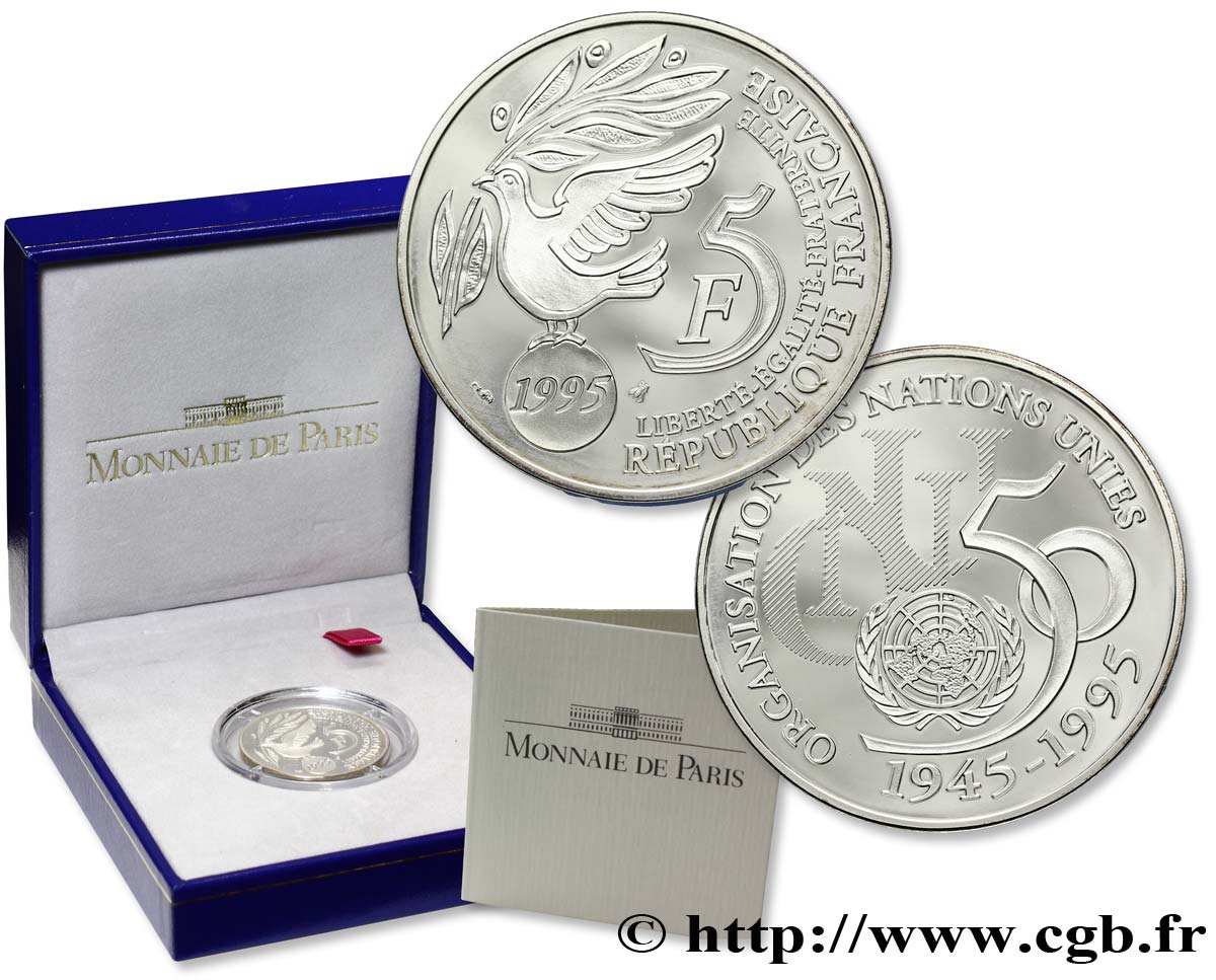 Belle Épreuve 5 francs Cinquantenaire de l’ONU 1995 Paris F5.1203 2 ST 