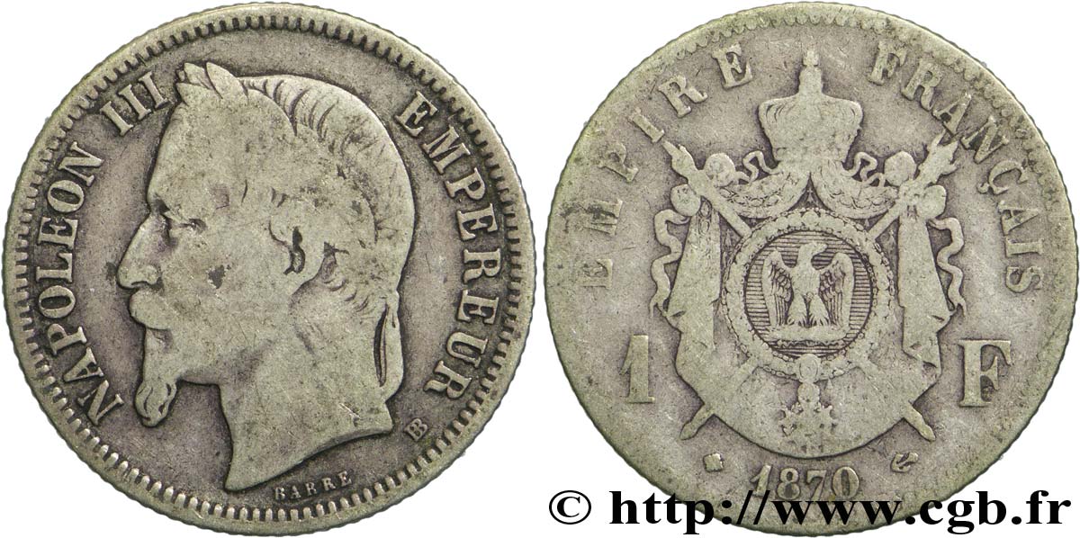 1 franc Napoléon III, tête laurée 1870 Strasbourg F.215/16 F12 