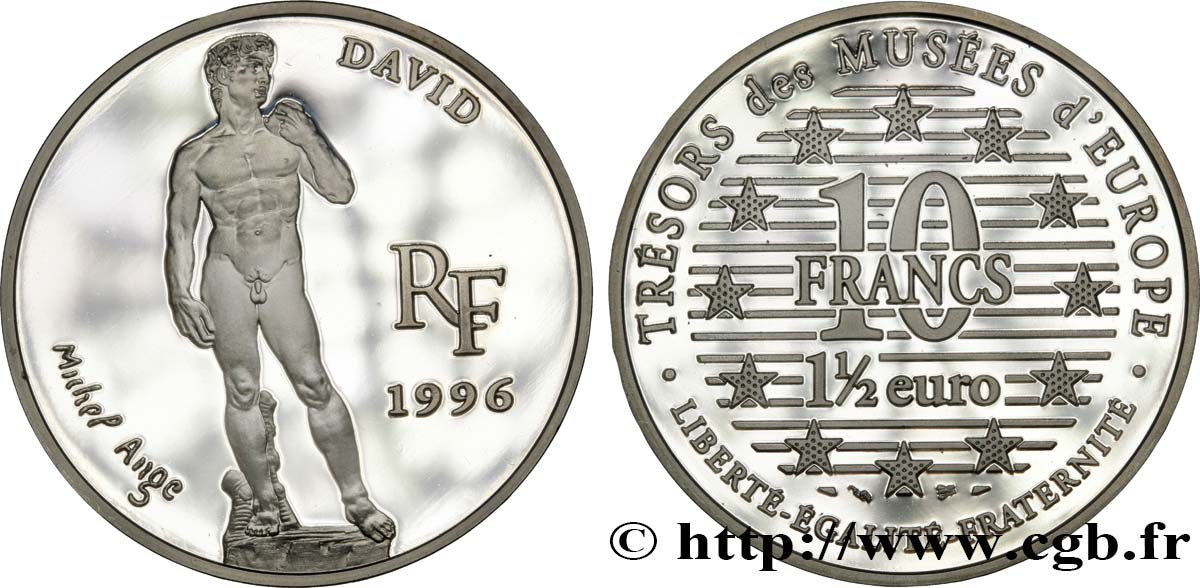 Belle Épreuve 1½ euro / 10 francs - Le David de Michel-Ange 1996  F5.1904 1 MS68 