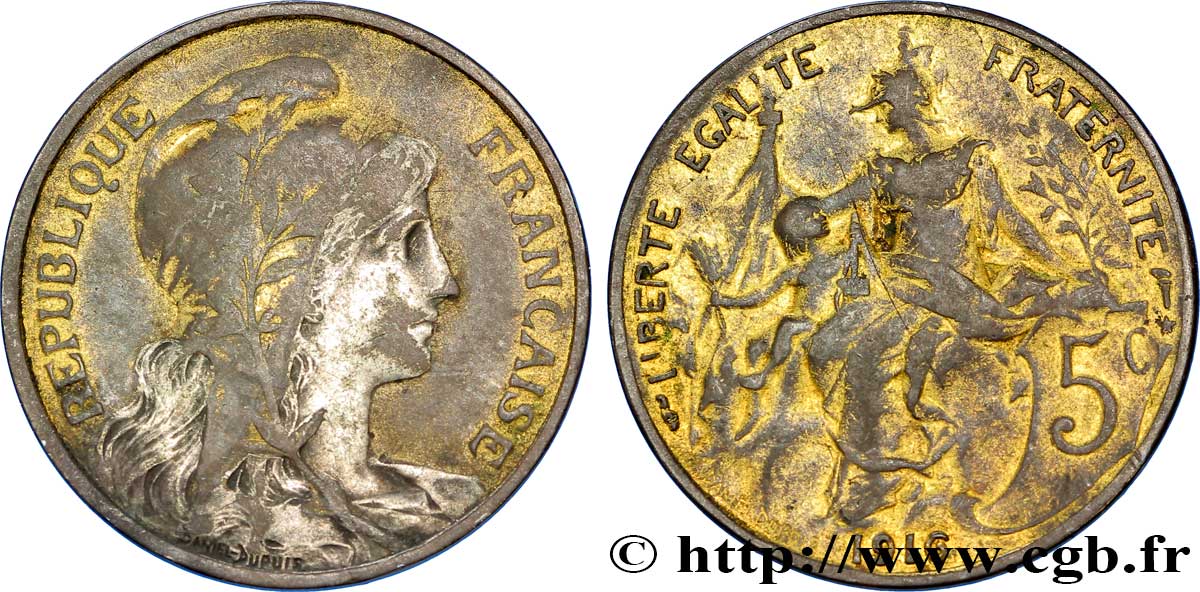 5 centimes Daniel-Dupuis, doré et argenté 1916  F.119/29 var. BC35 