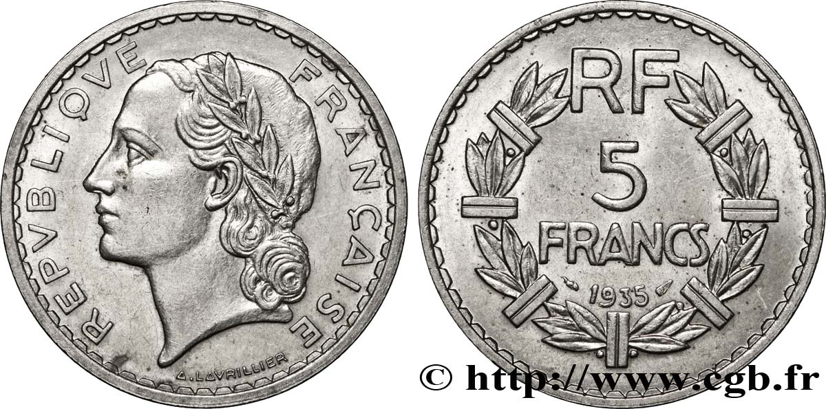 5 francs Lavrillier, nickel 1935  F.336/4 AU59 