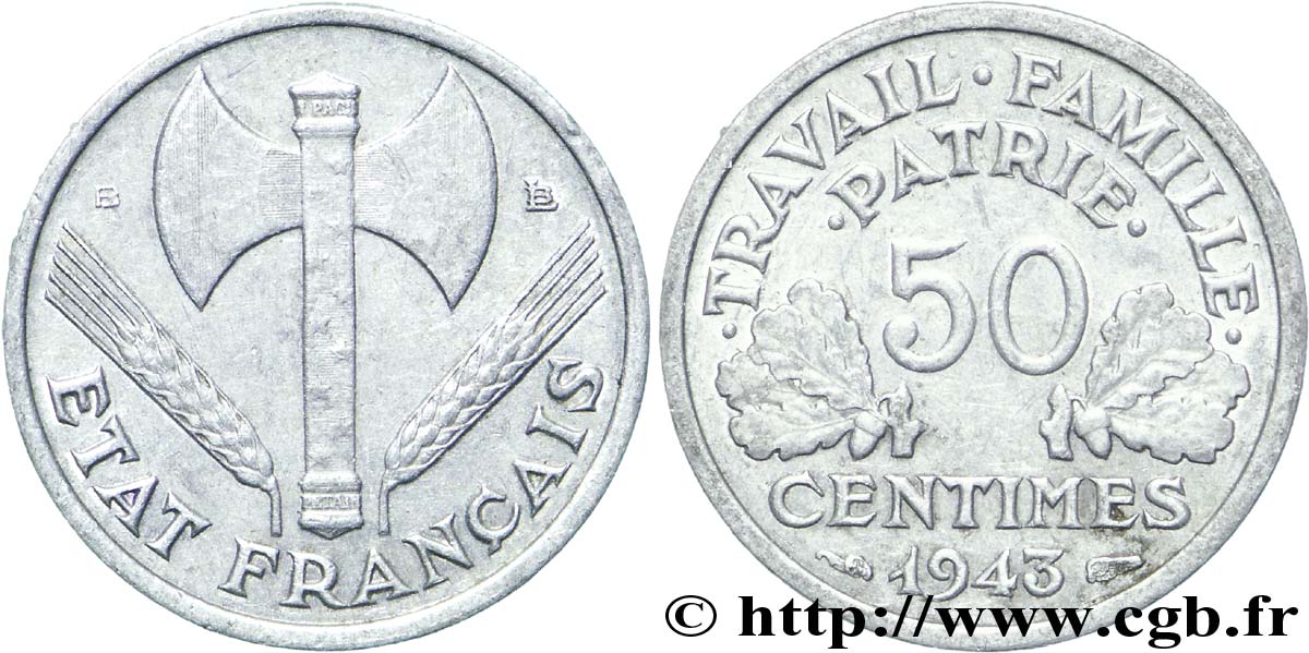 50 centimes Francisque, légère 1943 Beaumont-Le-Roger F.196/3 TTB48 