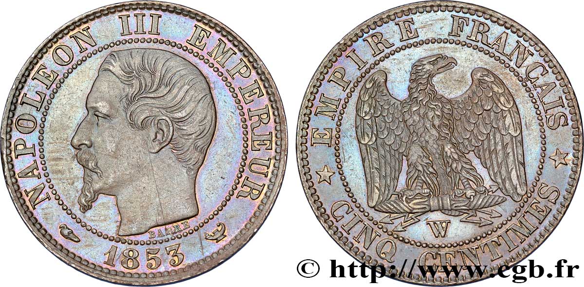 Cinq centimes Napoléon III, tête nue 1853 Lille F.116/7 MS61 