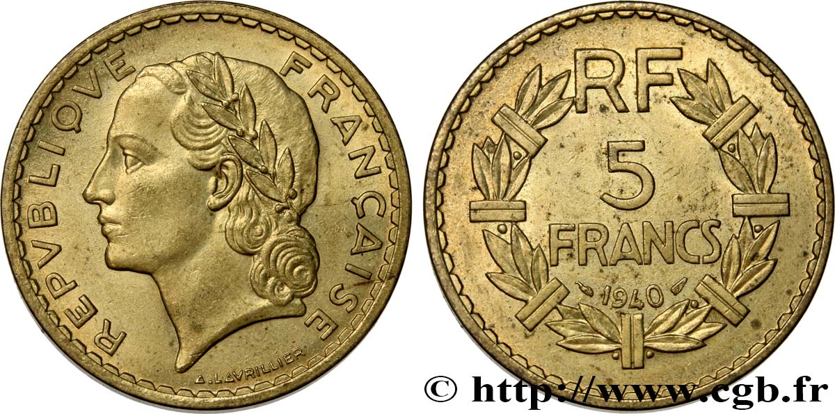 5 francs Lavrillier, bronze-aluminium 1940  F.337/4 MS60 
