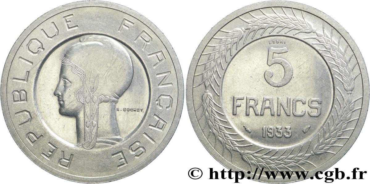 Concours de 5 francs, essai de Cochet en nickel 1933 Paris VG.5354  SUP58 