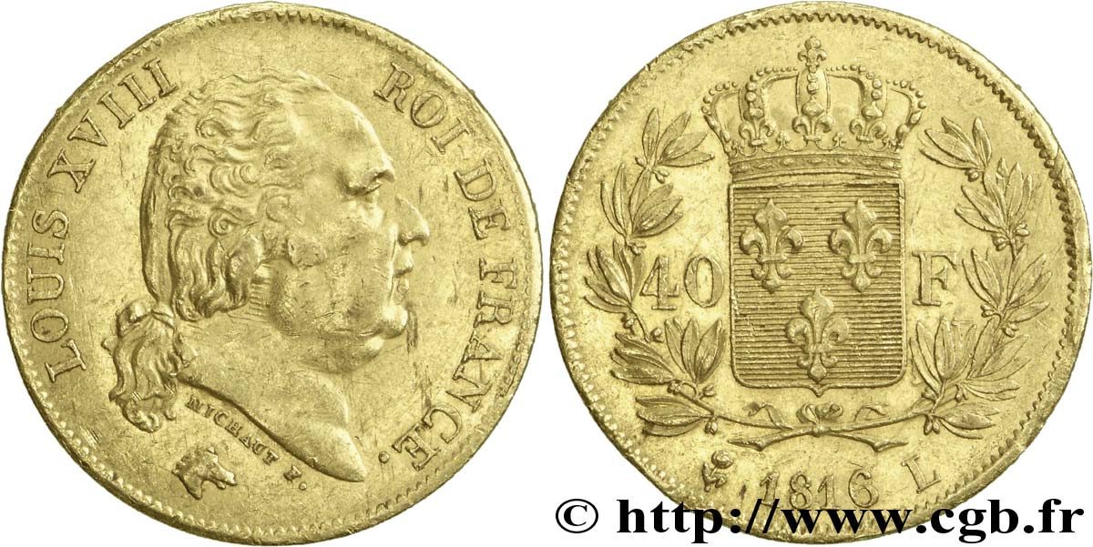 40 francs or Louis XVIII 1816 Bayonne F.542/3 MBC45 