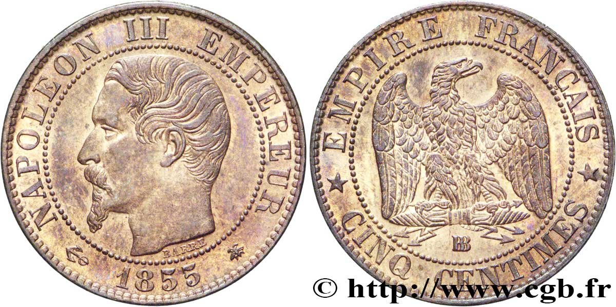 Cinq centimes Napoléon III, tête nue 1855 Strasbourg F.116/21 SUP58 
