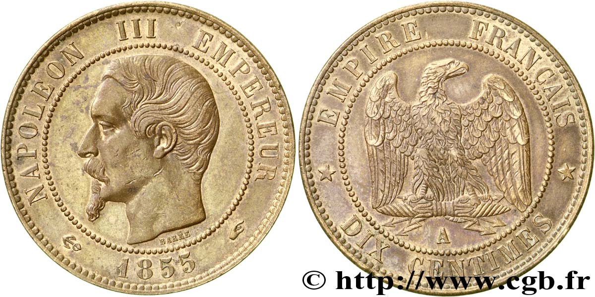 Dix centimes Napoléon III, tête nue 1855 Paris F.133/20 VZ55 