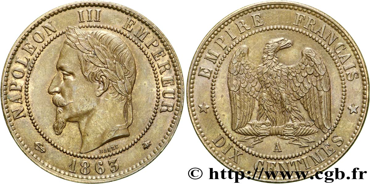 Dix centimes Napoléon III, tête laurée 1863 Paris F.134/10 SUP58 