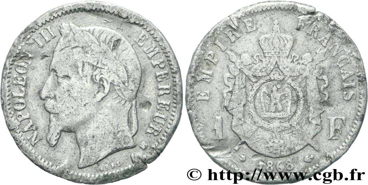 Faux de 1 franc Napoléon III, tête laurée 1868 Strasbourg F.215/11 var. S25 