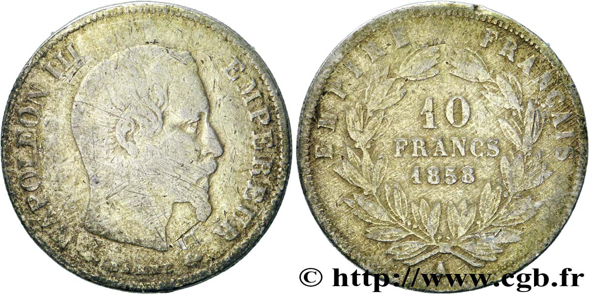 Faux de 10 francs or Napoléon III, tête nue, grand module 1858 Paris F.506/5 var. F15 