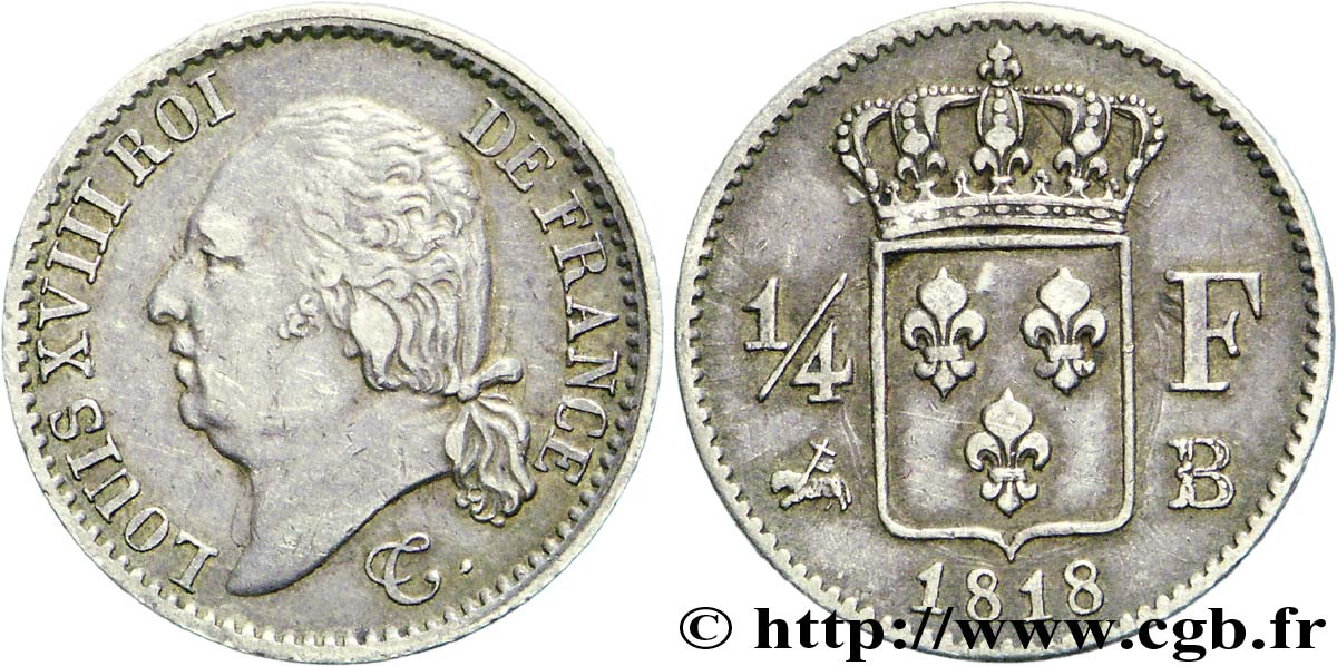 1/4 franc Louis XVIII 1818 Rouen F.163/13 TTB45 