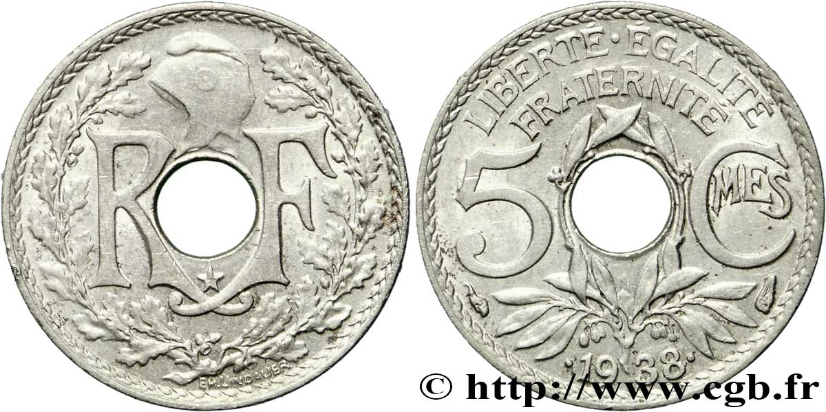 5 centimes Lindauer, maillechort 1938 Paris F.123/1 AU58 