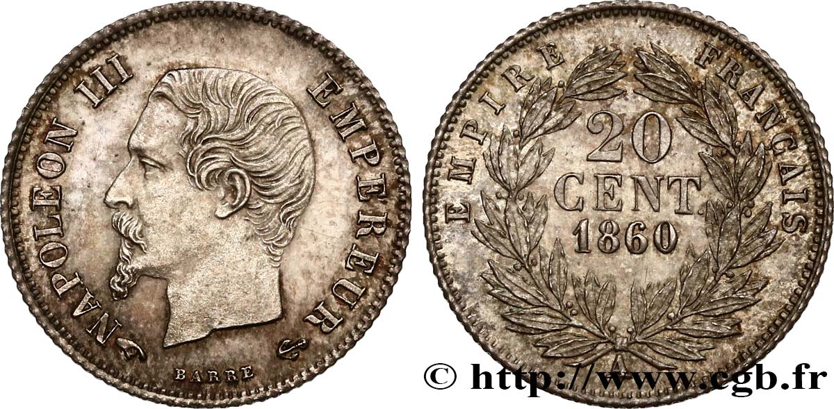 20 centimes Napoléon III, tête nue 1860 Paris F.148/14 EBC62 