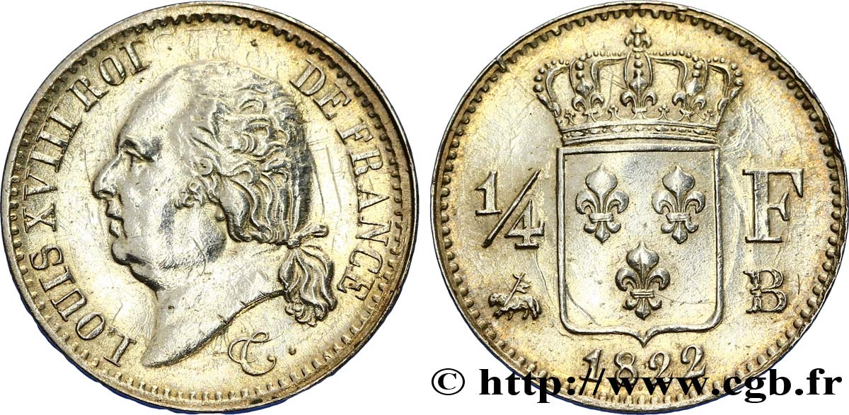 1/4 franc Louis XVIII 1822 Rouen F.163/22 SUP60 
