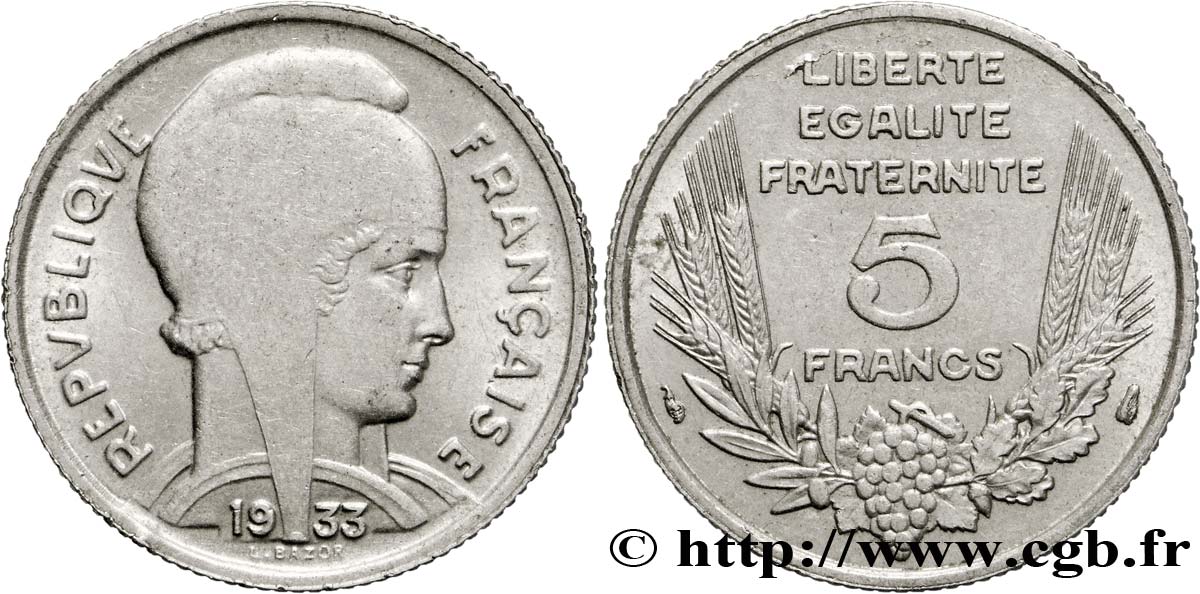 5 francs Bazor 1933  F.335/2 AU53 