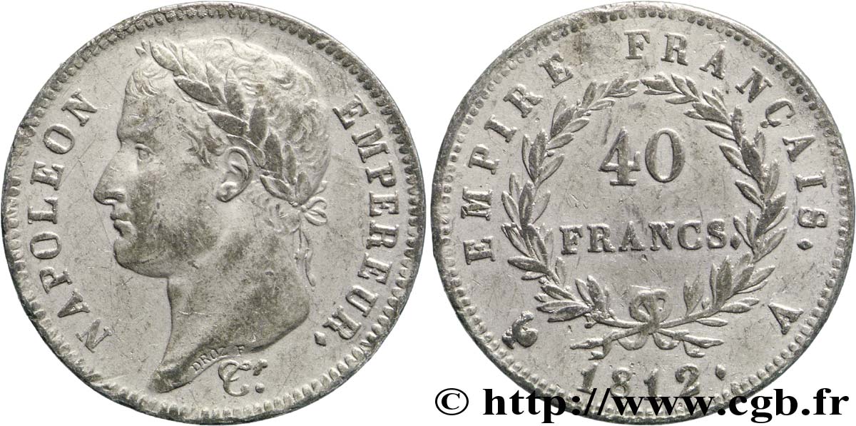 Faux de 40 francs or Napoléon tête laurée, Empire français 1812 Paris F.541/9 var. SUP58 