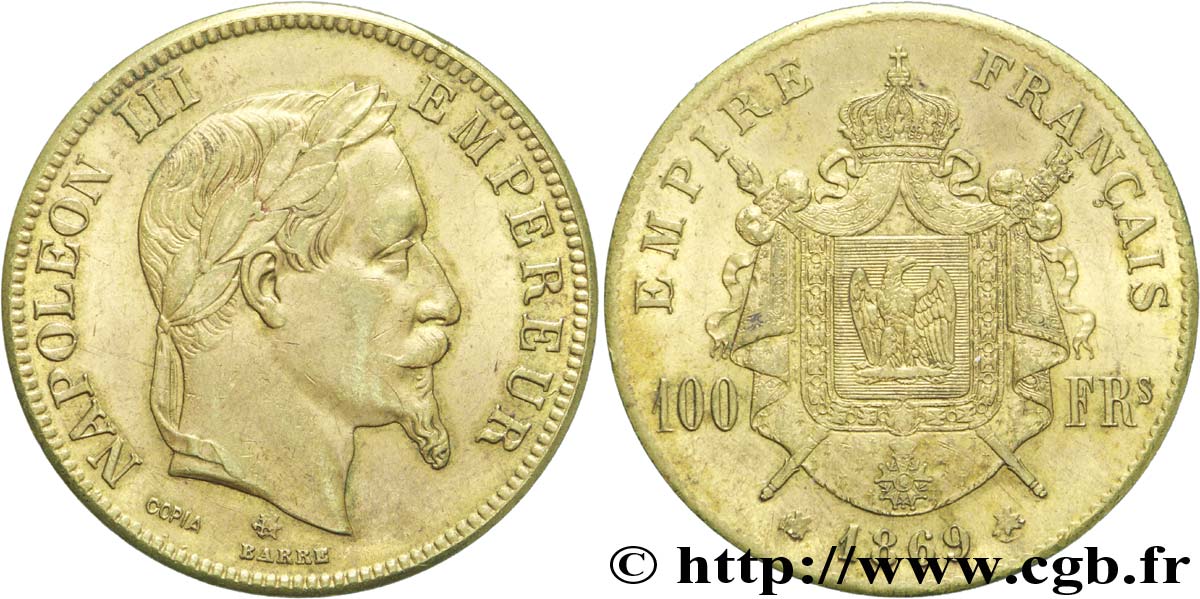 Faux de 100 francs or Napoléon III, tête laurée 1869 Paris F.551/12 var. TTB50 