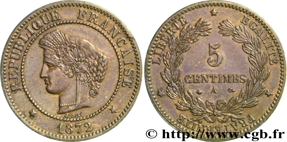 5 centimes Cérès, petit A 1872 Paris F.118/5 AU50 
