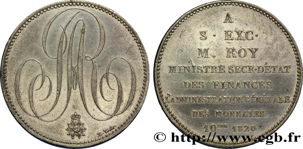 Pièce de plaisir, module de 5 francs, pour le ministre secrétaire d’État M. Roy 1820 Paris Maz.795 a var. SUP58 